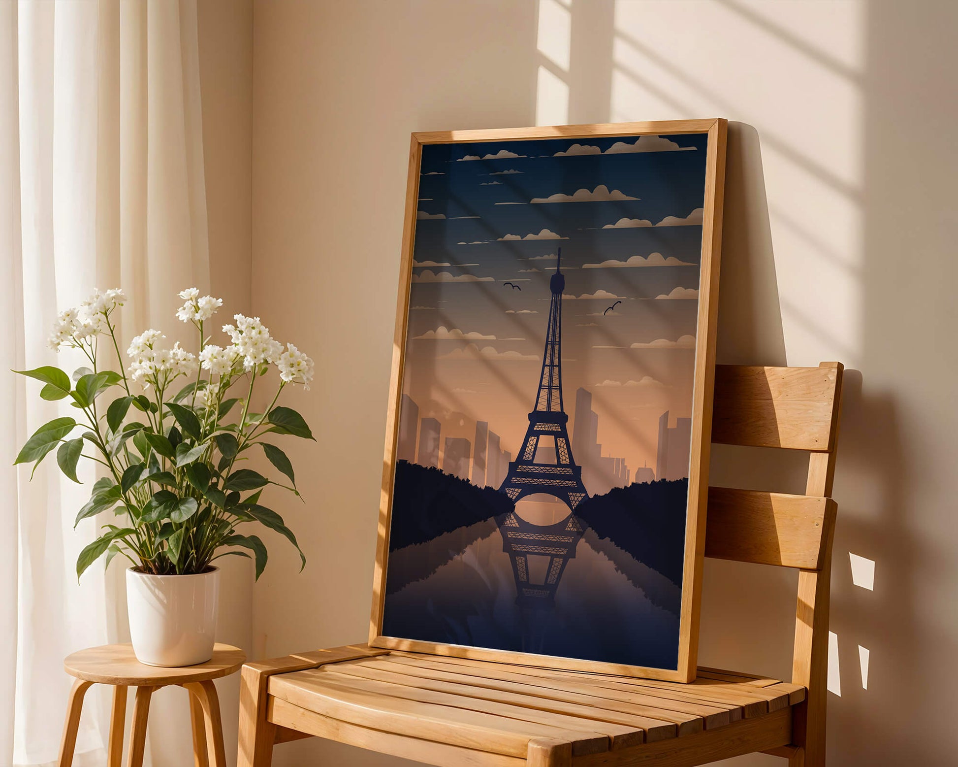 Scenic view of the Eiffel Tower at dusk with city skyline reflection
