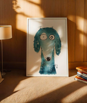 Illustration fantaisiste d’un chien bleu aux traits expressifs