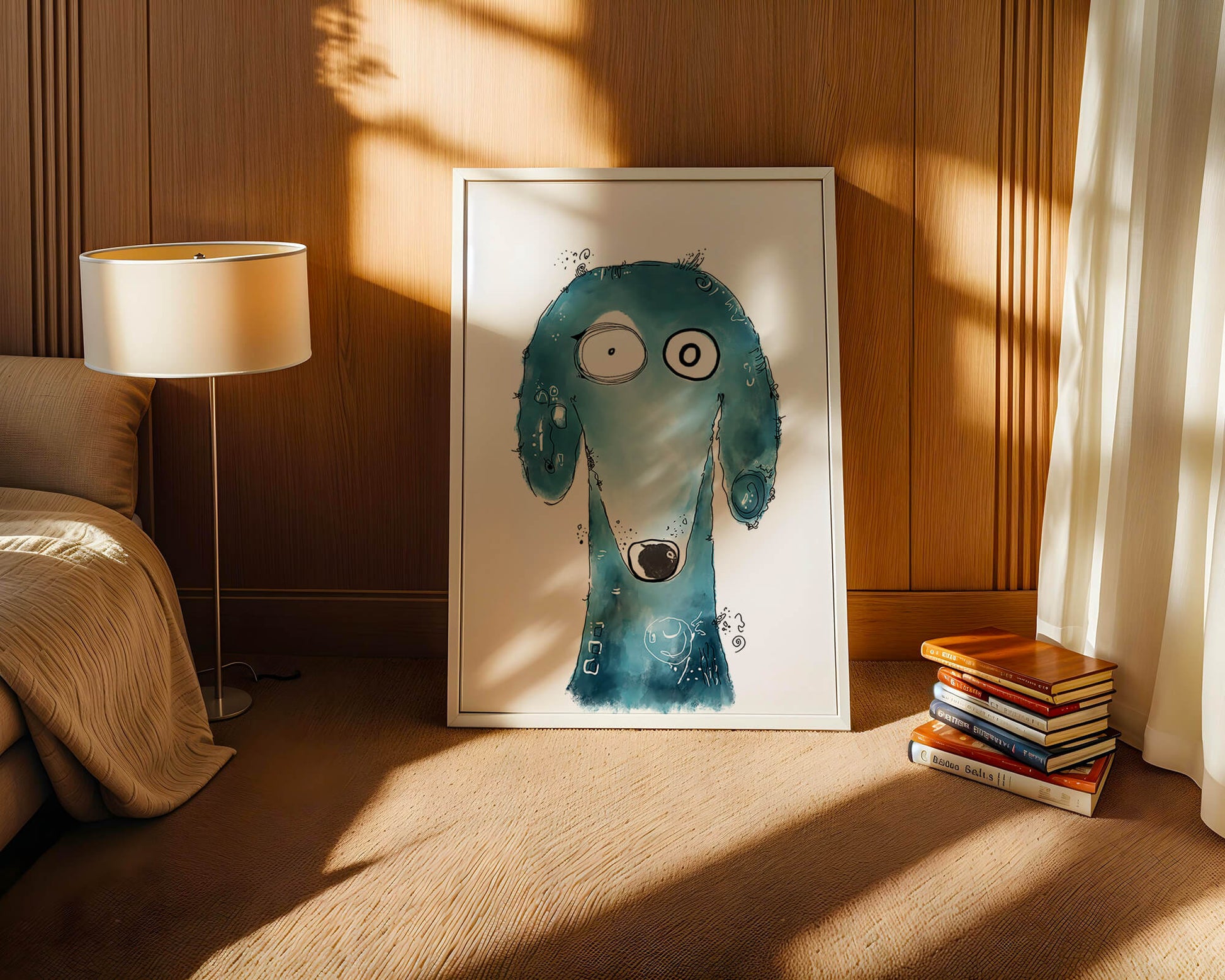 Whimsical blue dog illustration with expressive features