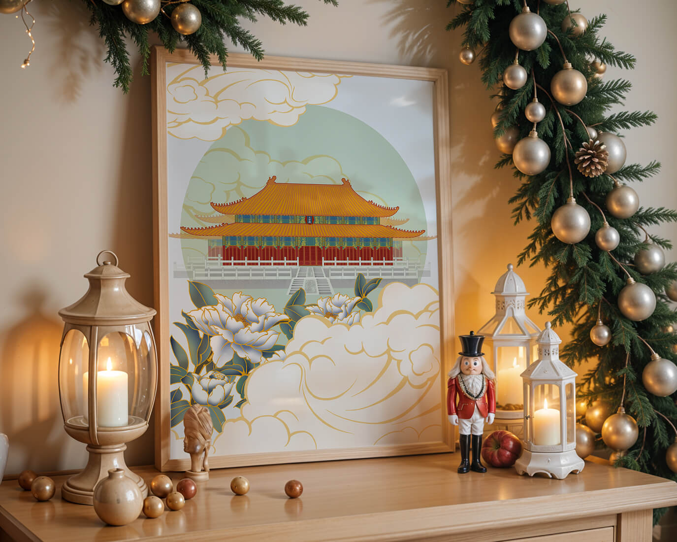 Traditional Asian palace illustration with floral and cloud motifs