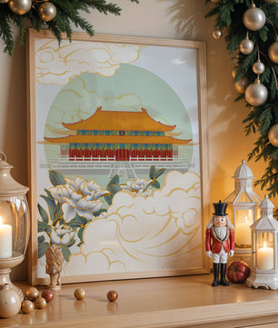 Traditional Asian palace illustration with floral and cloud motifs