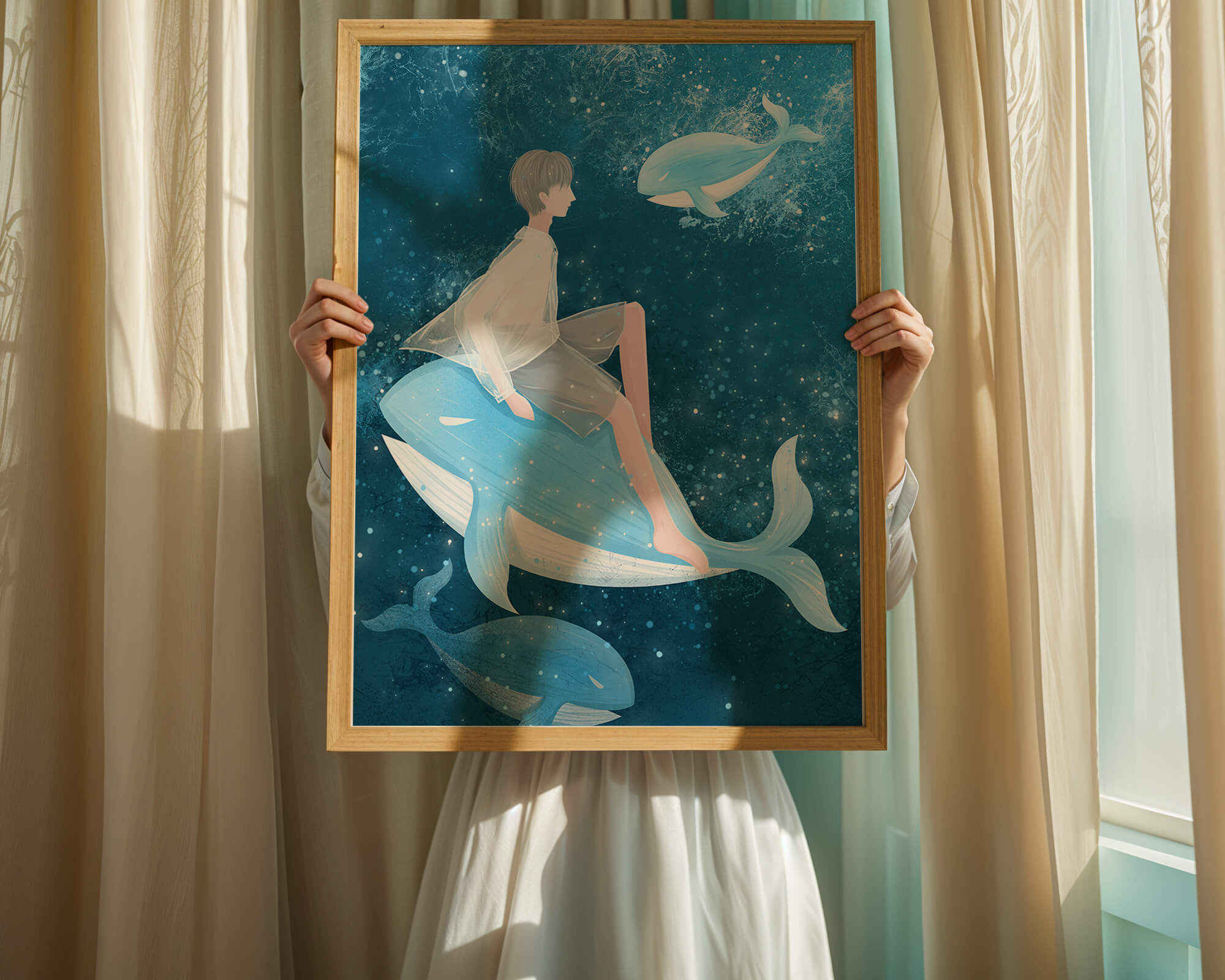 Fantasy illustration of person on blue whale in underwater scene