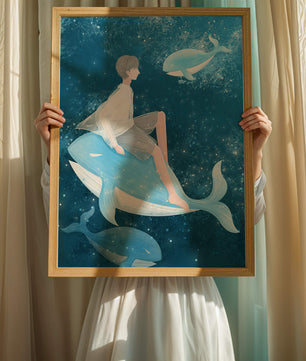 Illustration fantastique d'une personne sur une baleine bleue dans une scène sous-marine