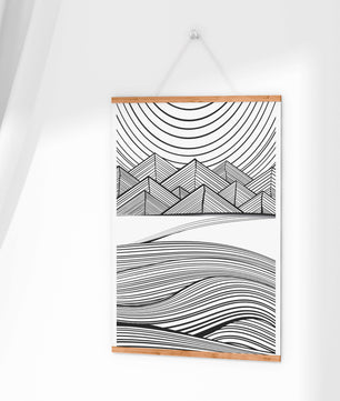 Abstract Black and White Geometric Landscape with Line Art