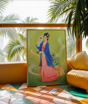 Diseño elegante de mujer en vestimenta tradicional del Este Asiático