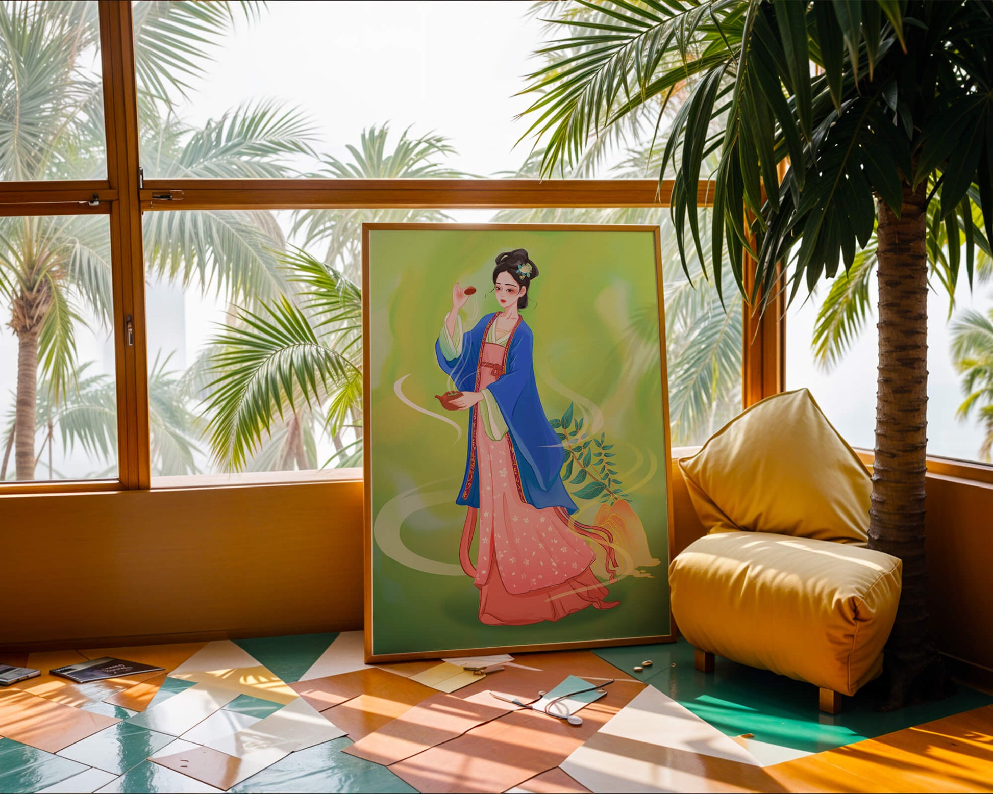 Diseño elegante de mujer en vestimenta tradicional del Este Asiático