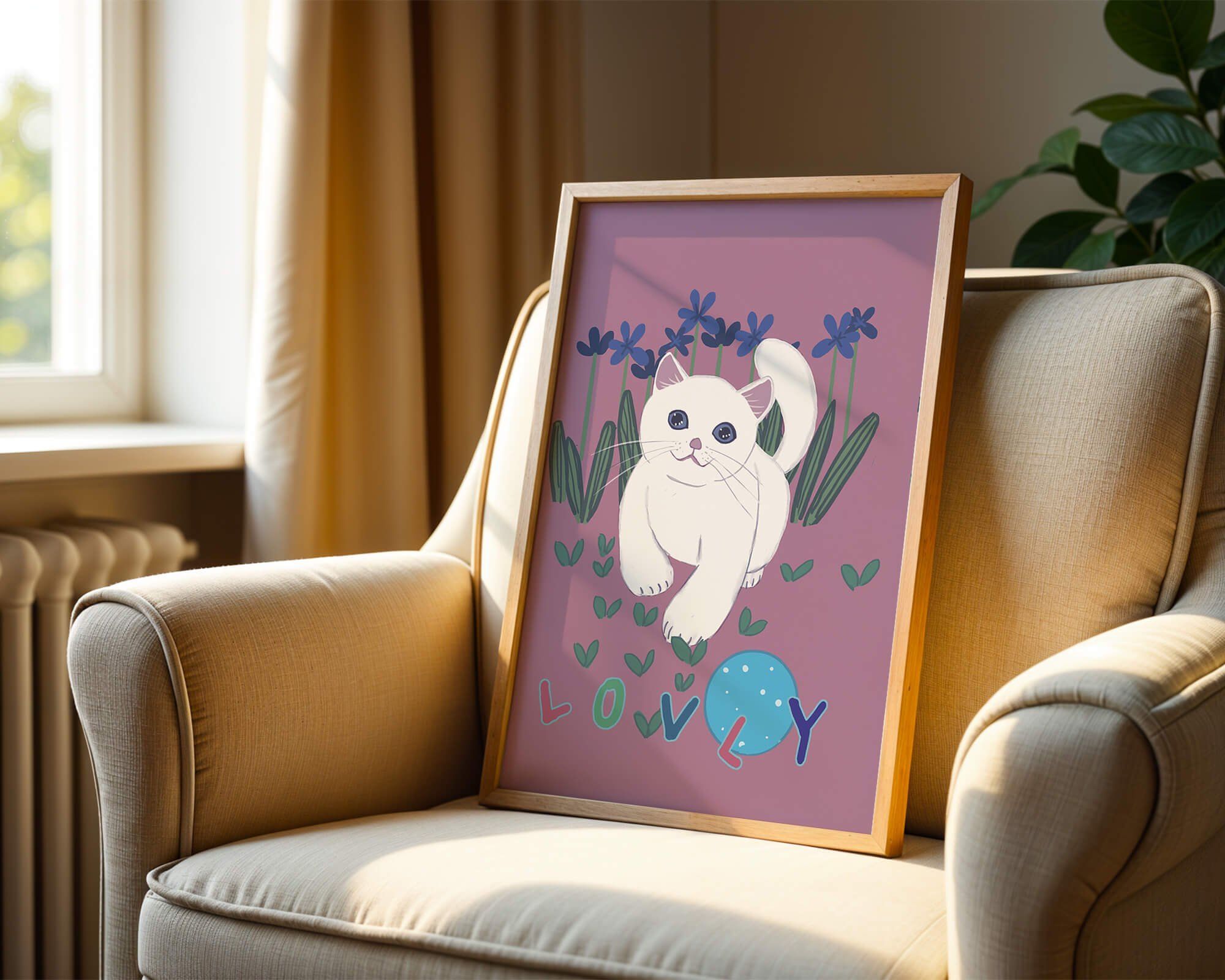 Charming illustration of a white cat in a floral field with playful text