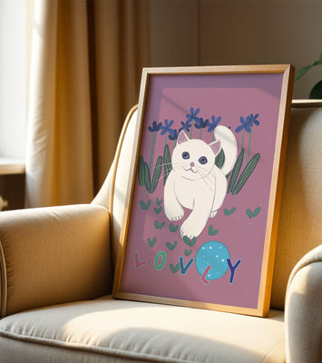 Charming illustration of a white cat in a floral field with playful text