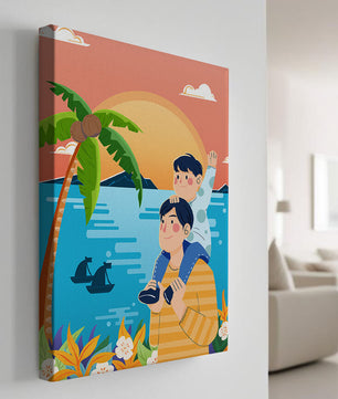 Un père et son fils profitent d’un coucher de soleil tropical avec des palmiers et des bateaux.
