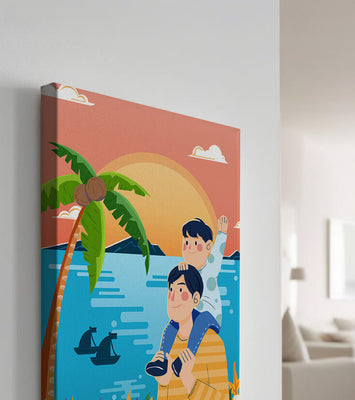 Father and son enjoying a tropical sunset with palm trees and boats