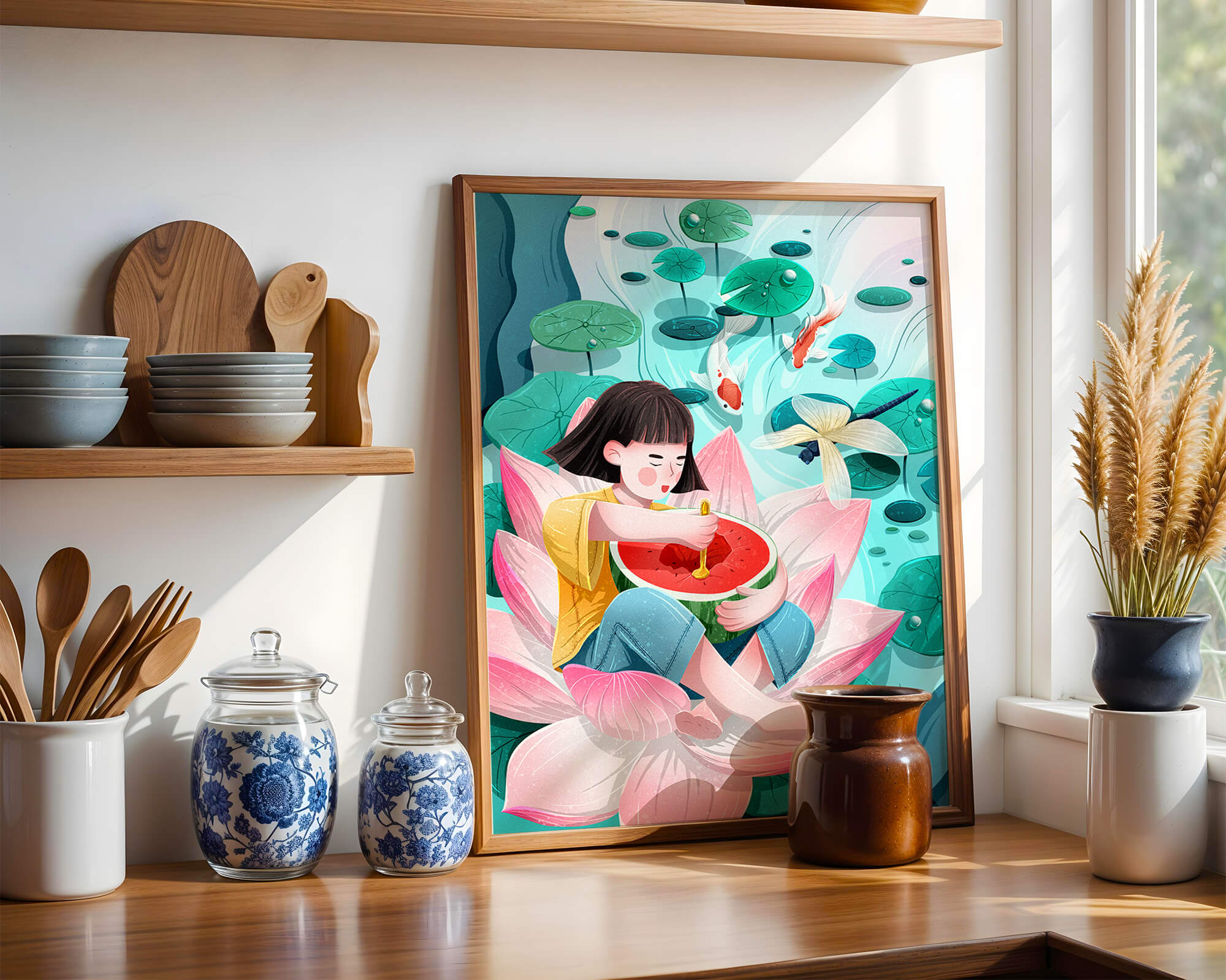 Serene illustration of child with watermelon on lotus flower