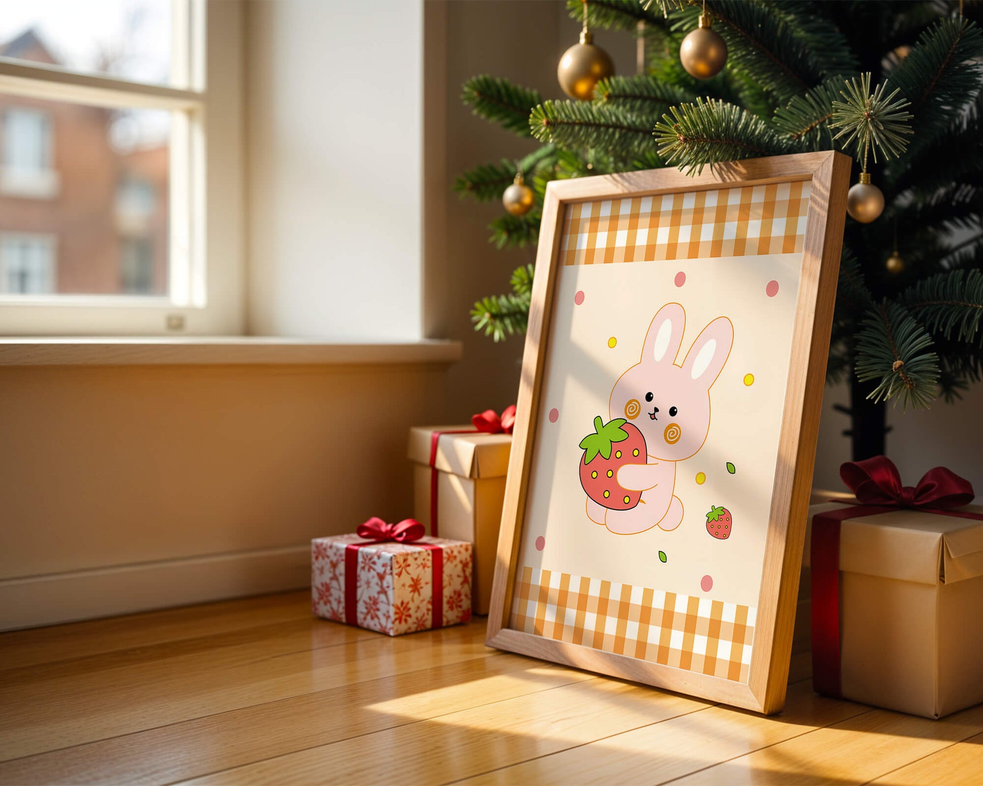 Adorable bunny holding strawberry illustration with gingham pattern