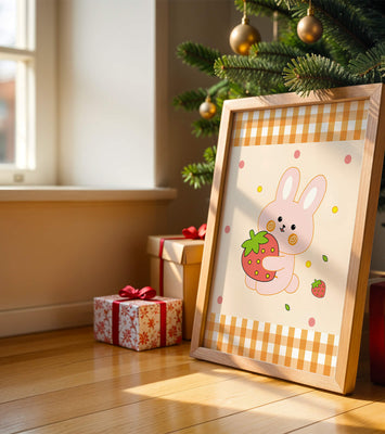 Adorable bunny holding strawberry illustration with gingham pattern