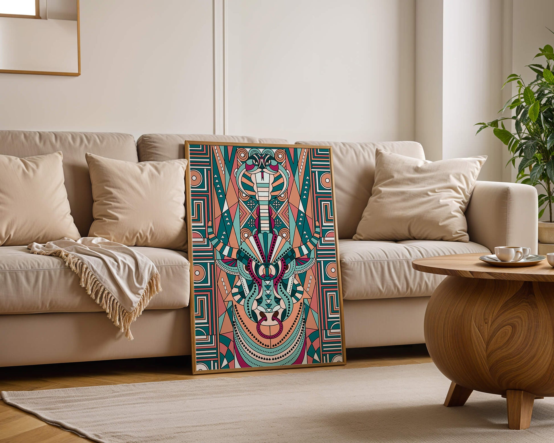 Ilustración art déco geométrica intrincada de serpiente y toro