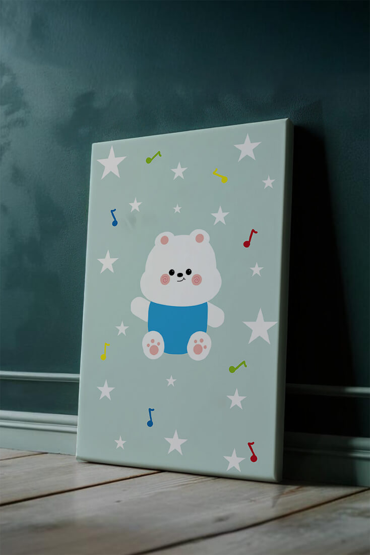 Playful bear illustration with musical notes and stars