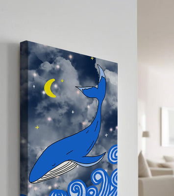 Whimsical blue whale in a starry night ocean scene