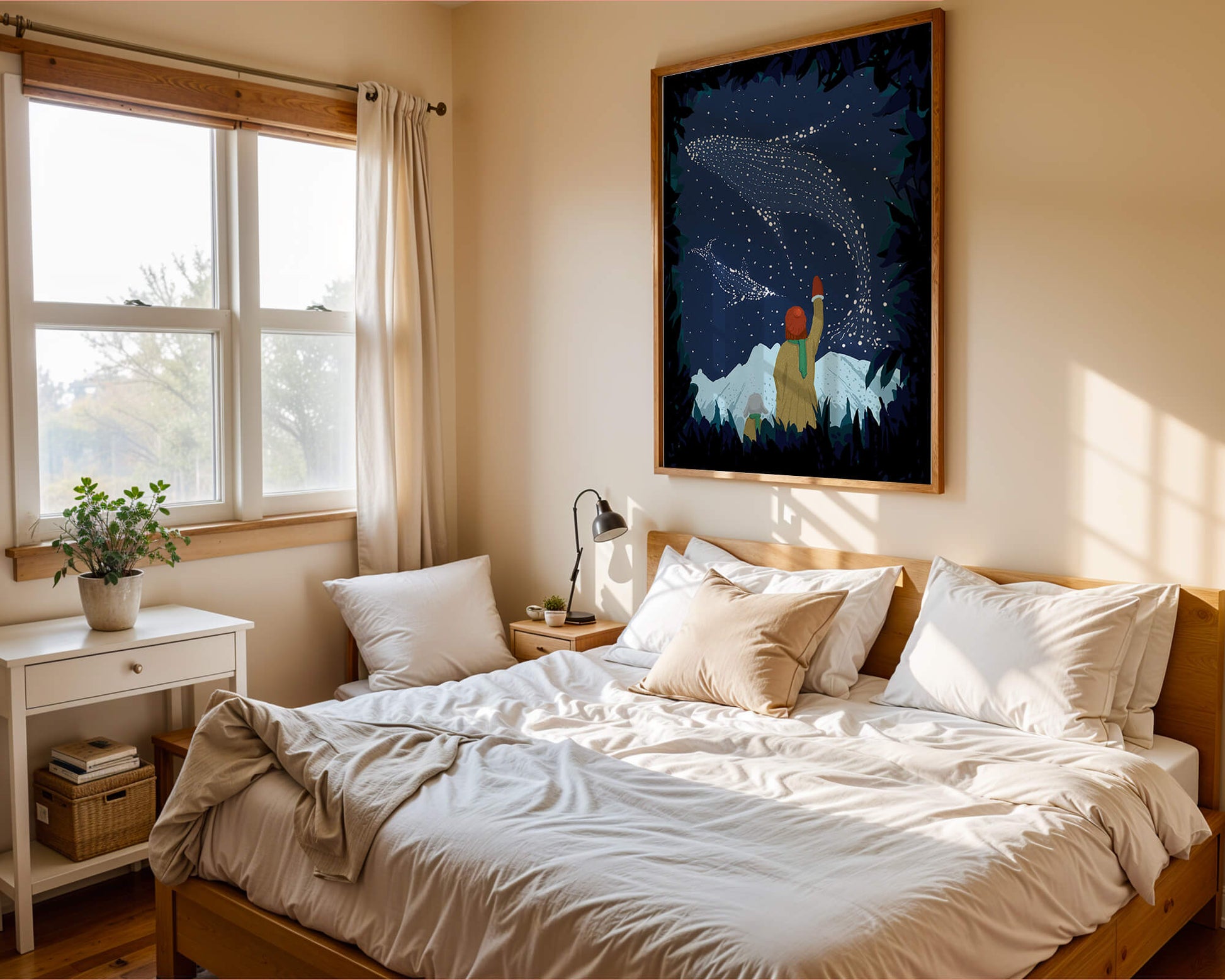 Starry night with whale constellations and mountain scenery
