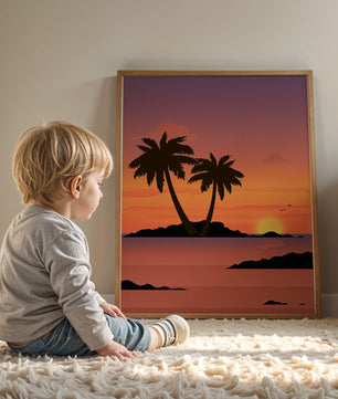 Sunset Over Tropical Island with Palm Trees and Birds - Mi tienda