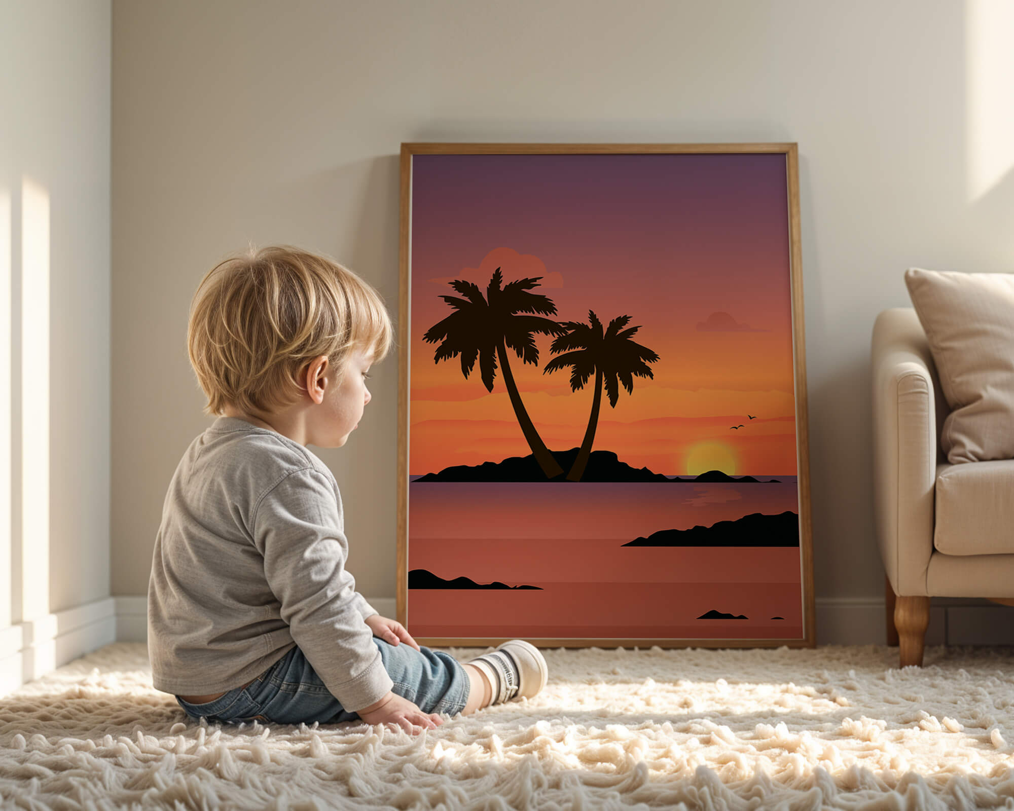 Sunset Over Tropical Island with Palm Trees and Birds - Mi tienda