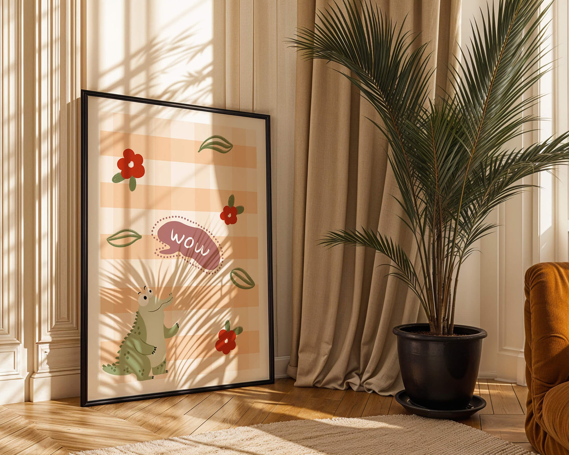 Playful Crocodile With Flowers And Speech Bubble On Checkered Background