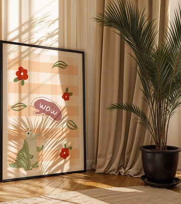 Playful Crocodile With Flowers And Speech Bubble On Checkered Background