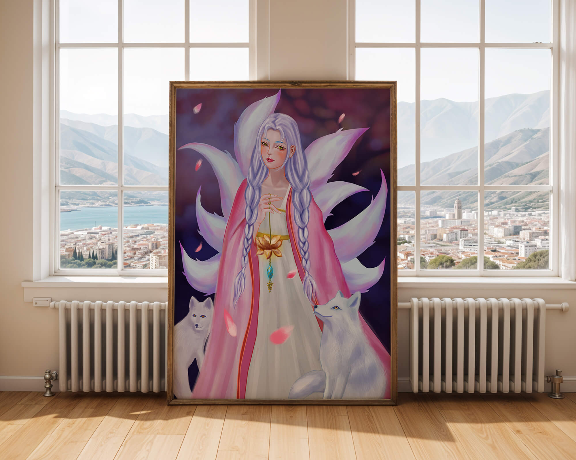 Fantasy art of ethereal figure with foxes and petals