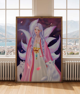 Fantasy art of ethereal figure with foxes and petals