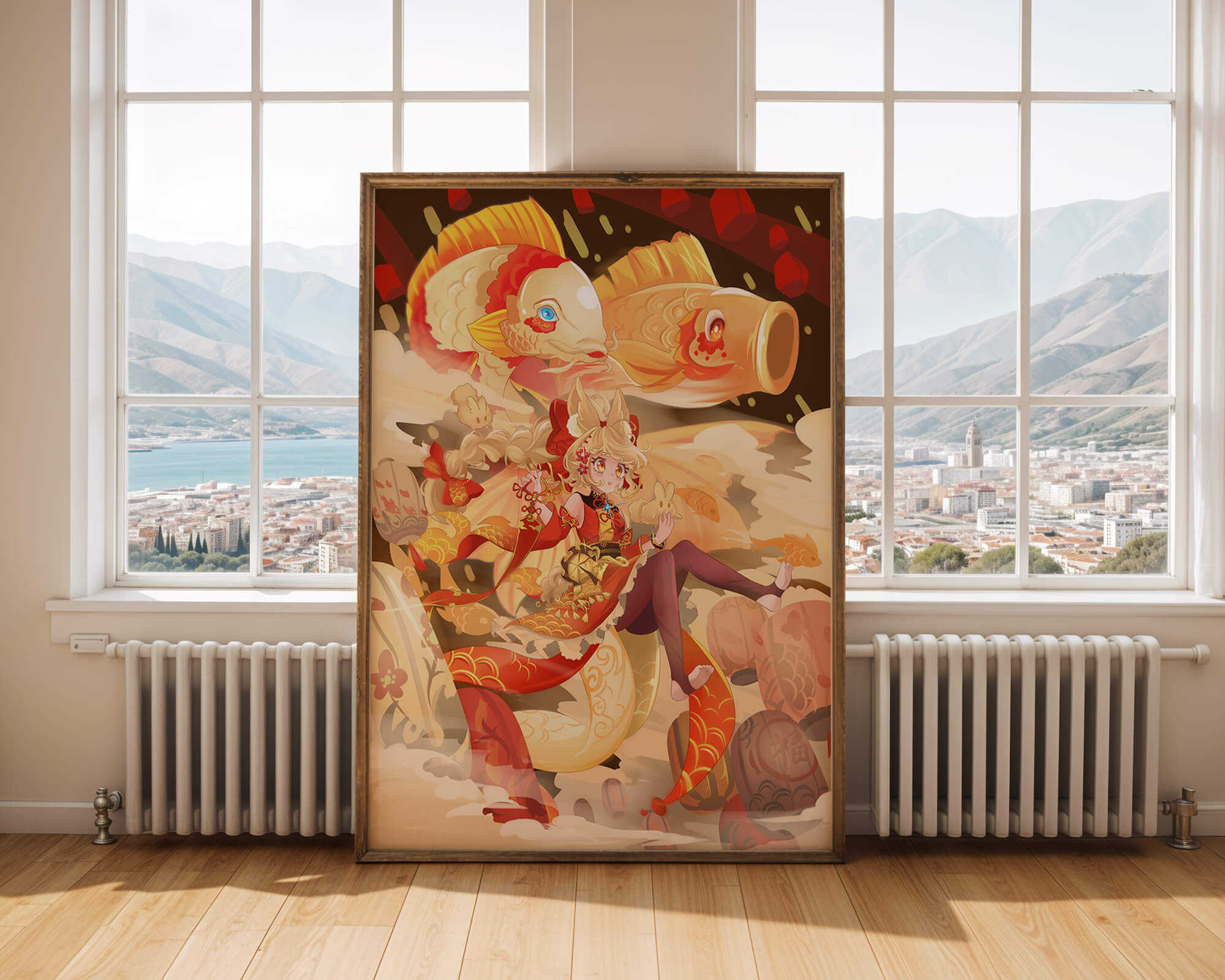 Vibrant anime character with mythical koi fishes and lanterns in dynamic scene