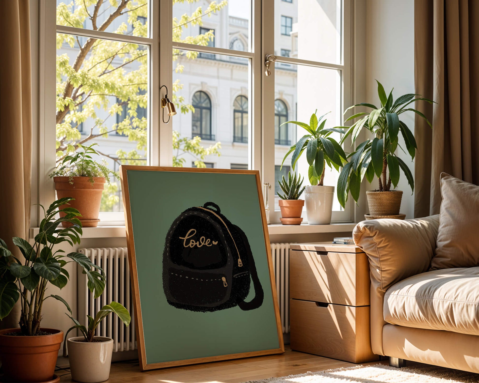 Elegant black backpack with gold accents and love inscription