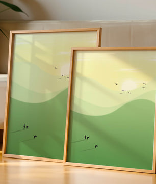 Paisaje minimalista con figuras silueteadas y aves al atardecer