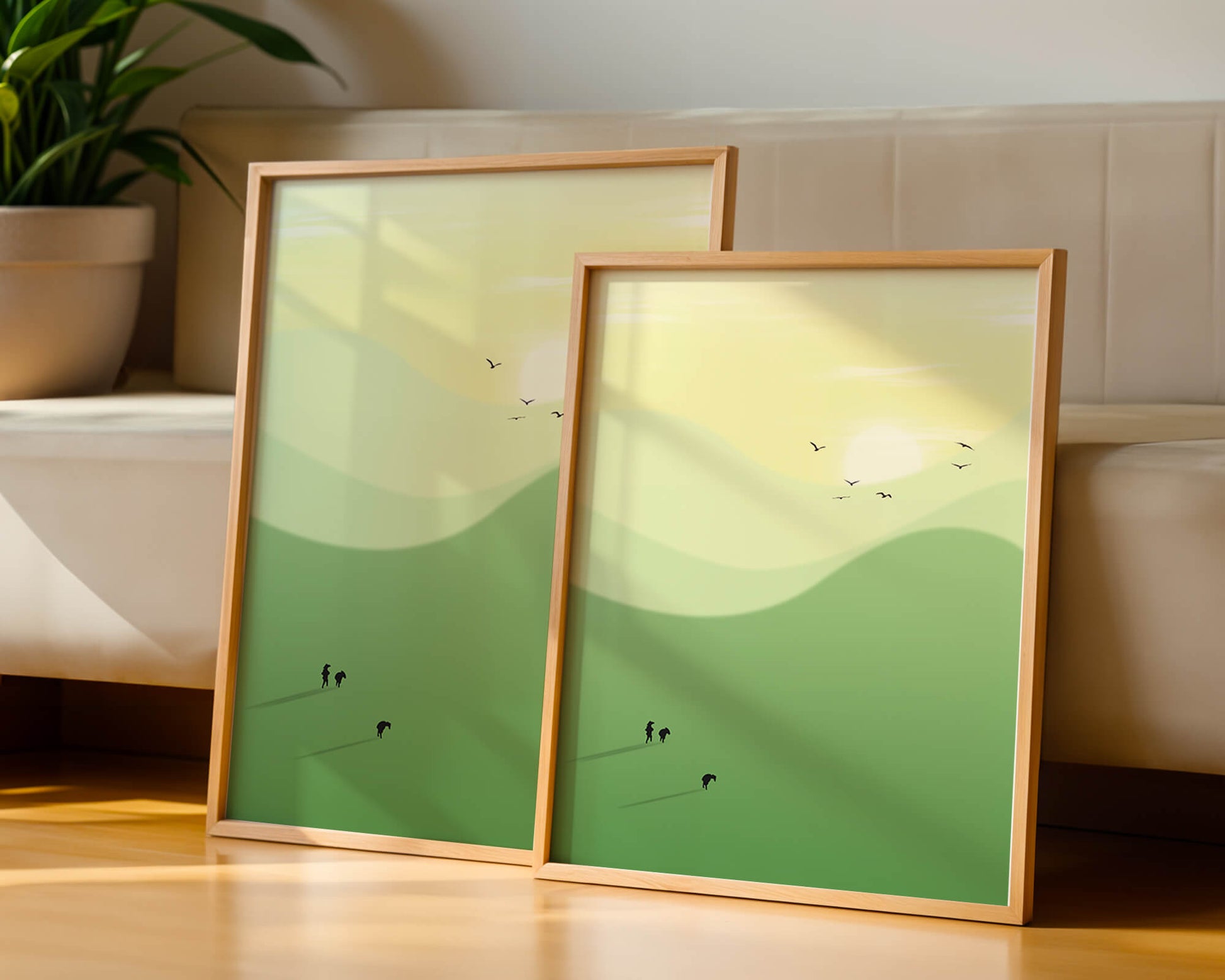 Paisaje minimalista con siluetas de personas y pájaros al atardecer
