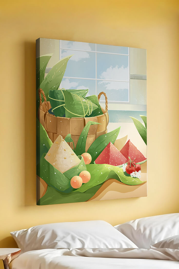 Serene kitchen scene with basket of fruits and leaves