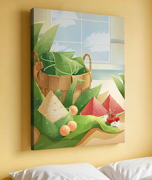 Scène de cuisine sereine avec un panier de fruits et de feuilles