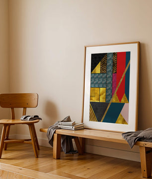 Geometric abstract art with bold colors and golden accents