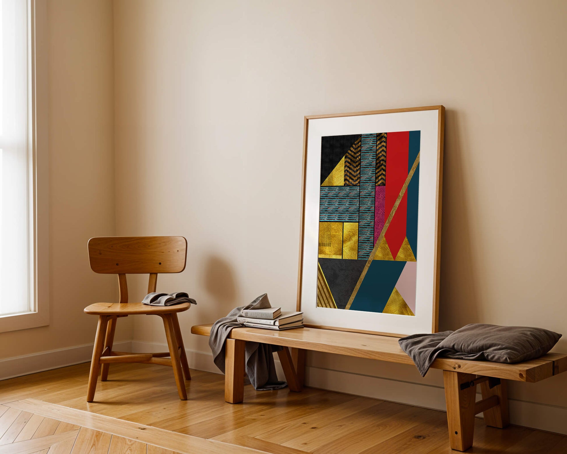 Geometric abstract art with bold colors and golden accents