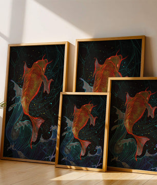Koi Fish with Abstract Waves in Vibrant Colors