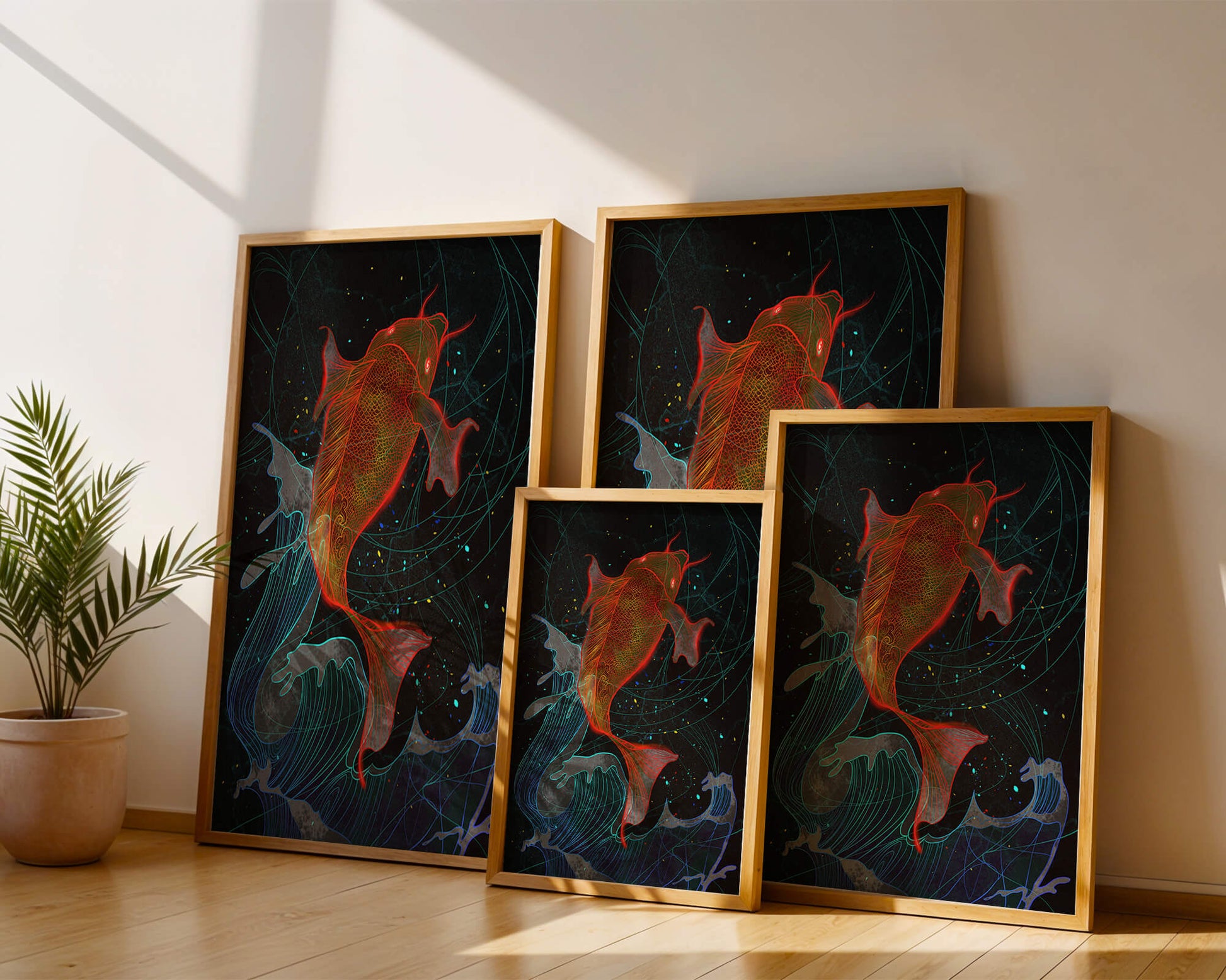 Koi Fish with Abstract Waves in Vibrant Colors