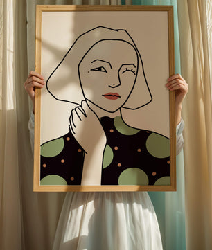 Modern Minimalist Portrait of a Winking Woman in Green Polka Dot Dress - Mi tienda