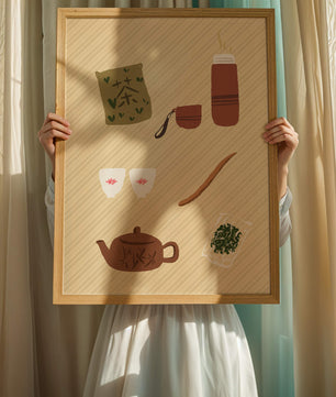 Illustración de un juego de té tradicional con hojas de té y accesorios