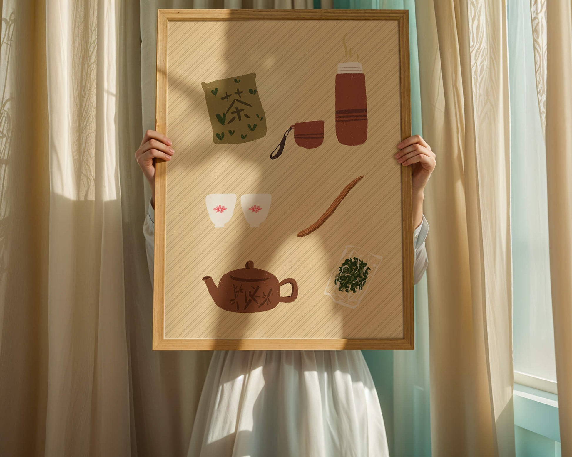Illustración de un juego de té tradicional con hojas de té y accesorios
