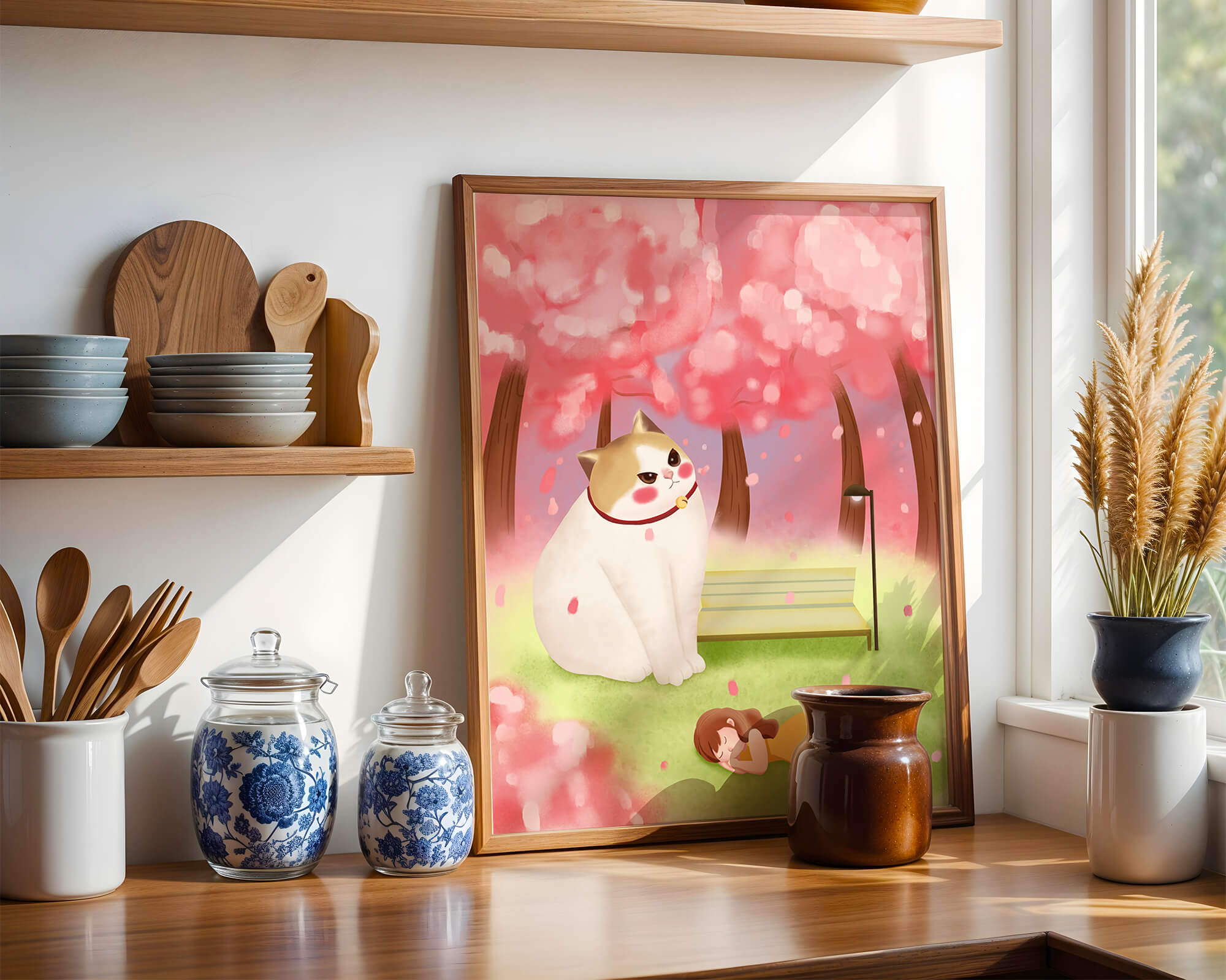 Whimsical scene with giant cat and girl under cherry blossoms