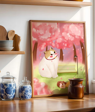 Whimsical scene with giant cat and girl under cherry blossoms