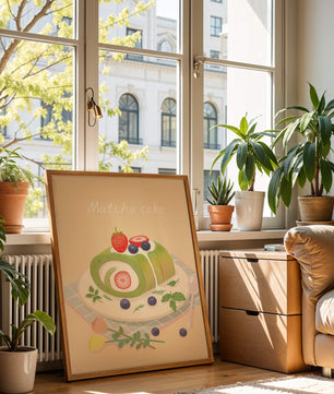 Illustration of a Matcha Roll Cake with Fresh Berries on Pastel Background - Mi tienda