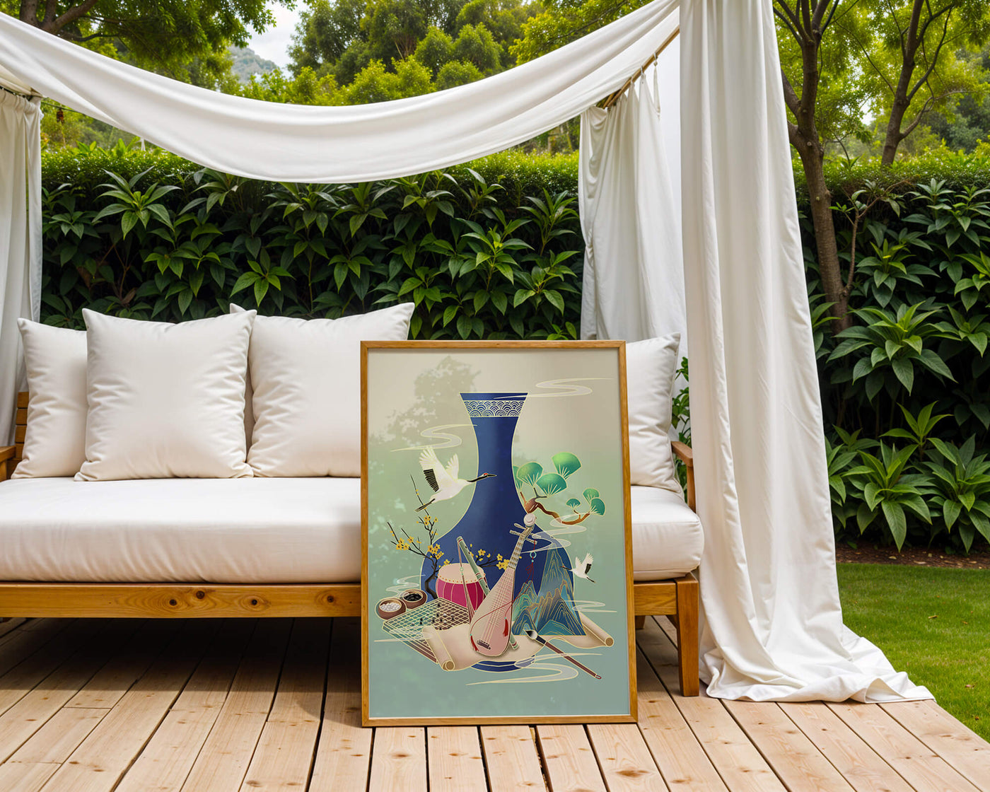 Traditional Asian art scene featuring vase, musical instruments, and cranes