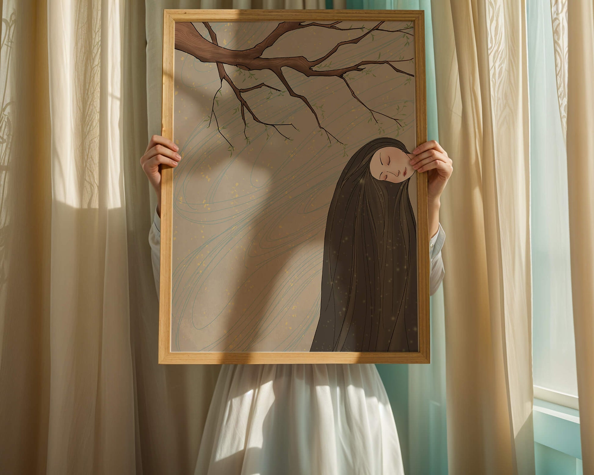 Serene illustration of a woman intertwined with nature and flowing designs