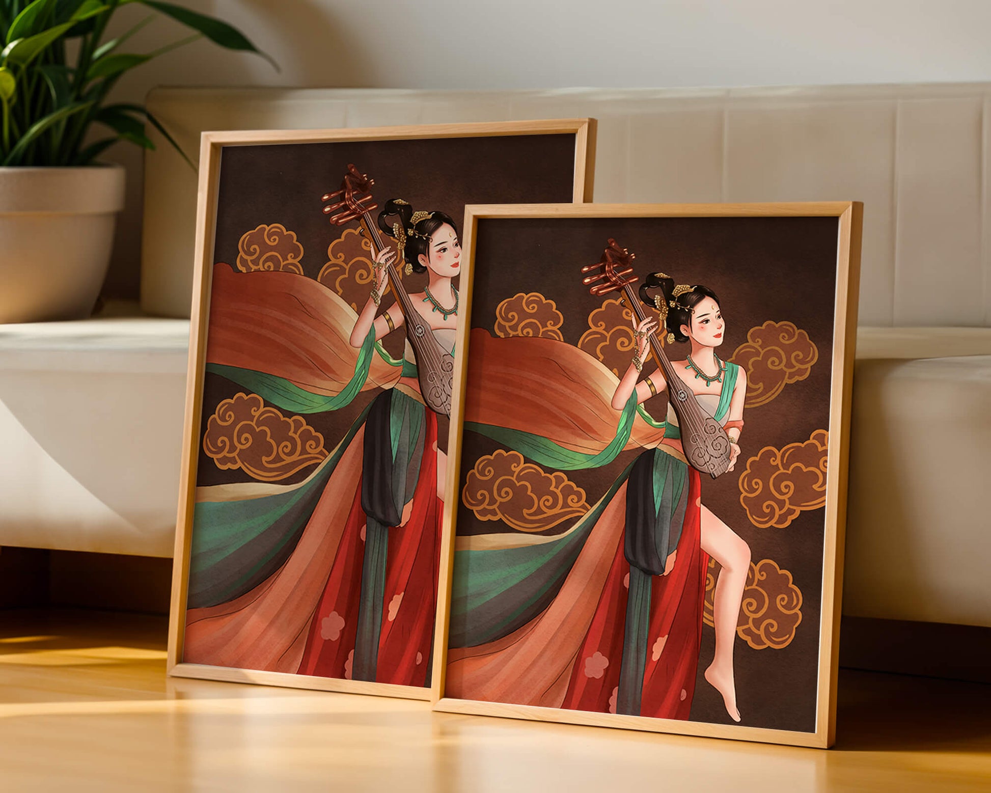Elegant depiction of a woman playing a traditional string instrument with flowing garments and ornate background