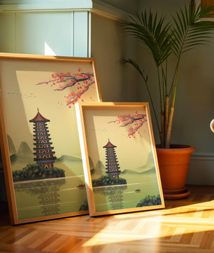 Serene landscape with traditional pagoda and blooming cherry blossoms