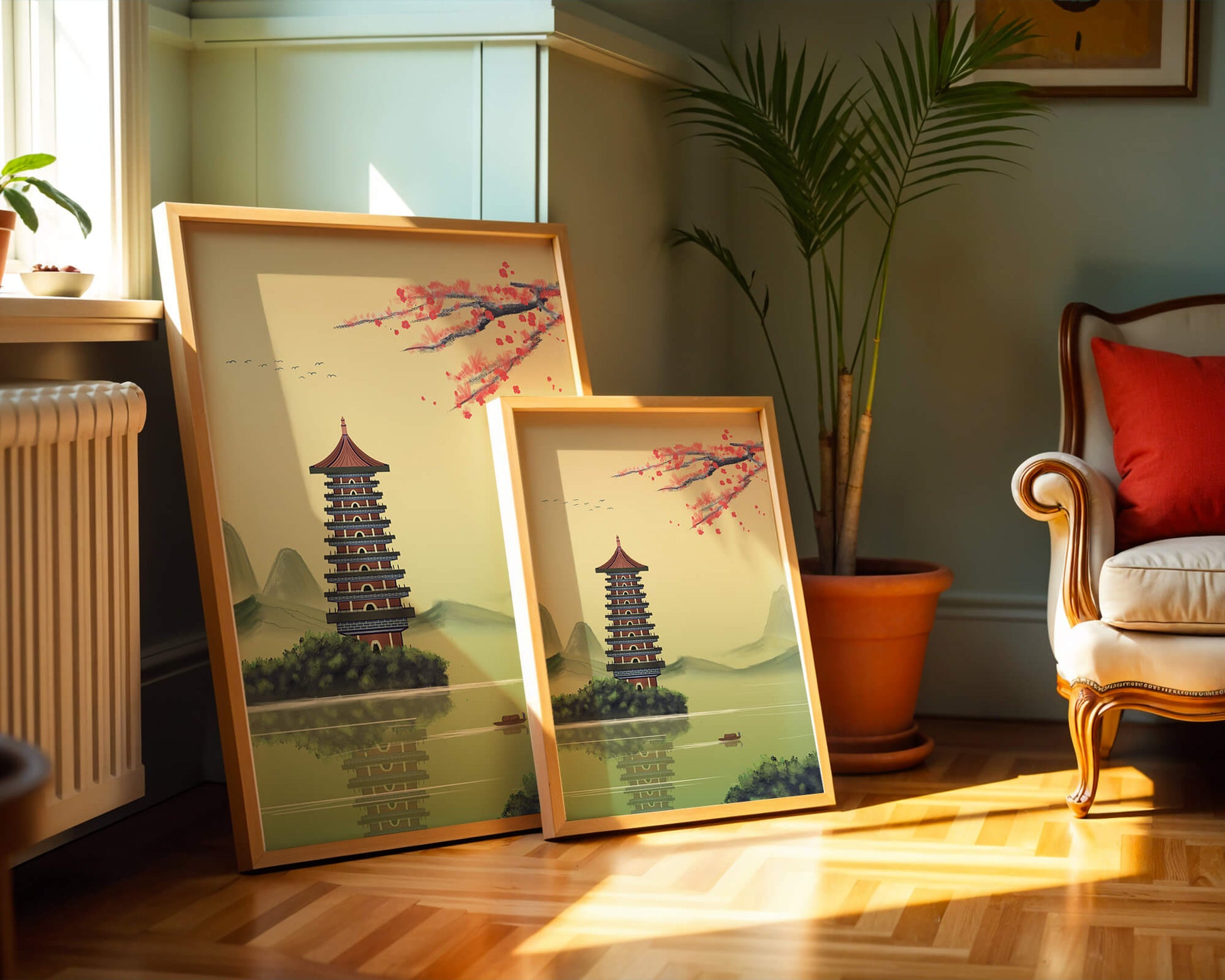 Serene landscape with traditional pagoda and blooming cherry blossoms