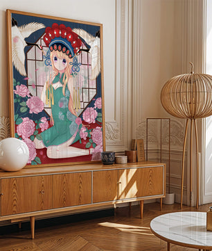 Chica anime elegante con atuendo tradicional y detalles florales y de grulla
