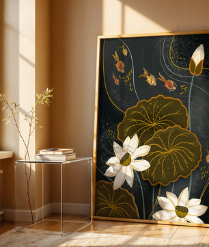 Bassin à carpes koï serein avec des accents de lotus blanc et de poissons dorés